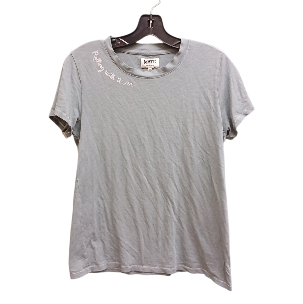 MATE the Label Neck Graphic Light Blue Gray Short Sleeve Tee Size Small/Medium